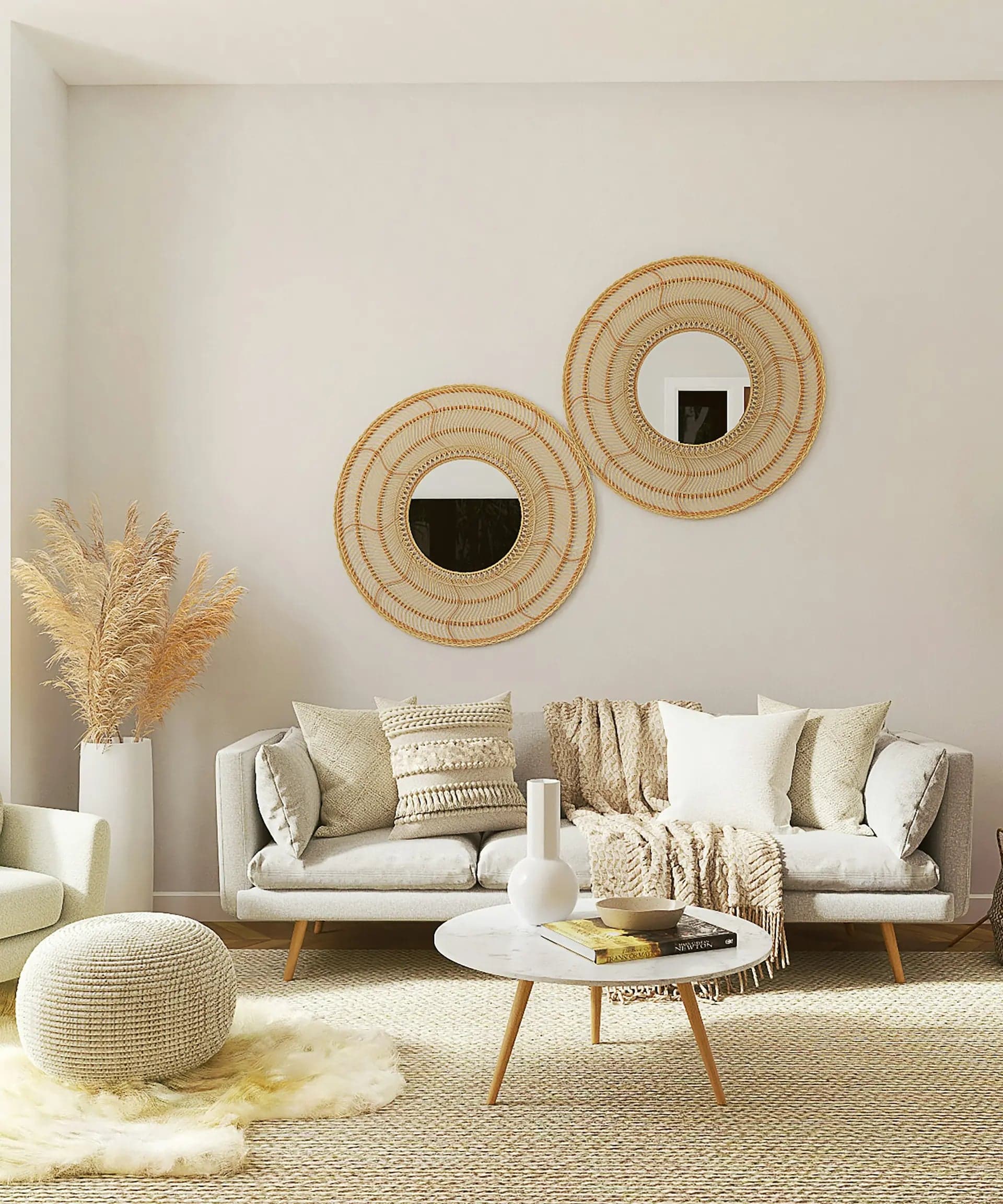 Bright living room with custom roller shades filtering soft daylight
